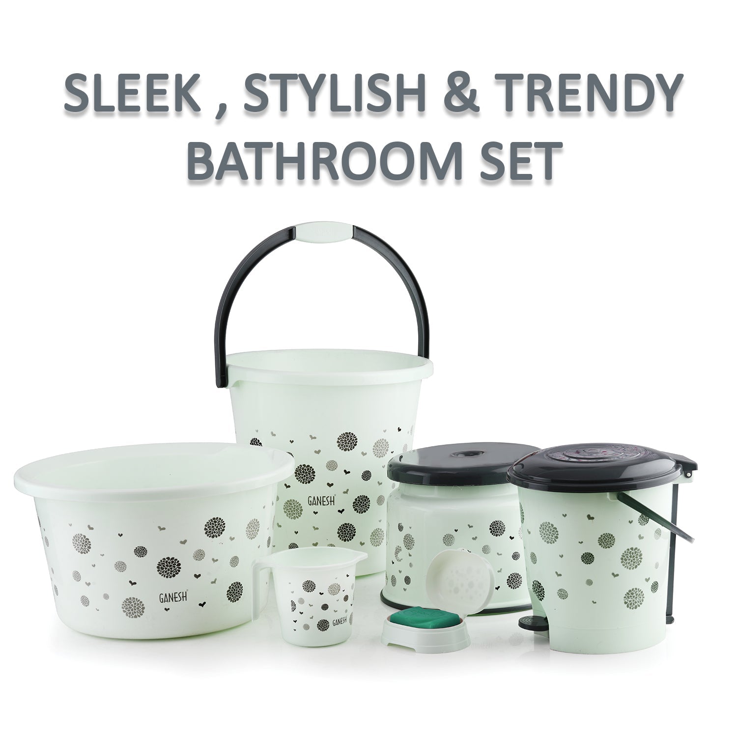 8711 PLASTIC BATHROOM ACCESSORIES SET 6 PCS BATH SET BATHROOM BUCKET WITH DUSTBIN MUG, STOOL, SOAP CASE,TUB DeoDap