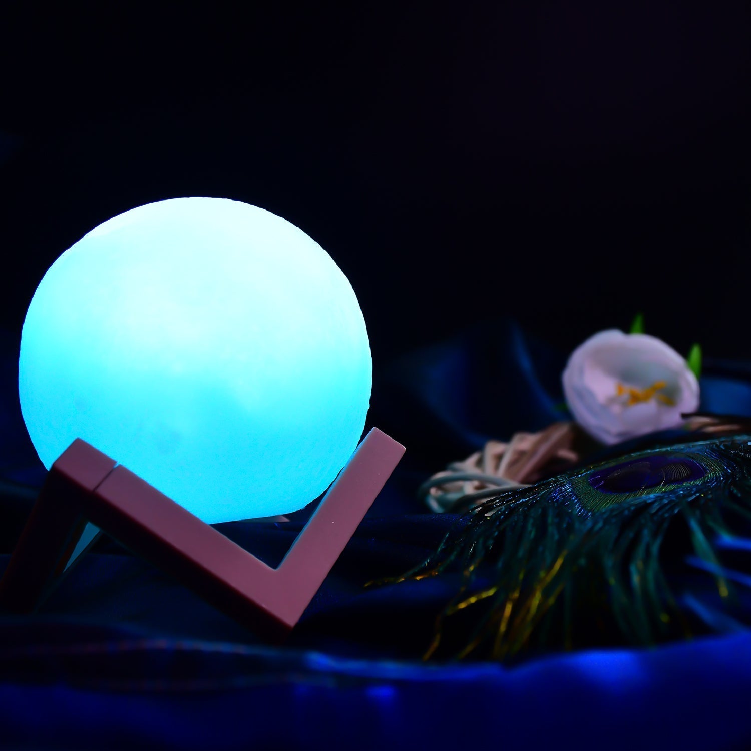 6275 Moon Night Lamp Blue Color with wooden Stand Night Lamp for Bedroom DeoDap