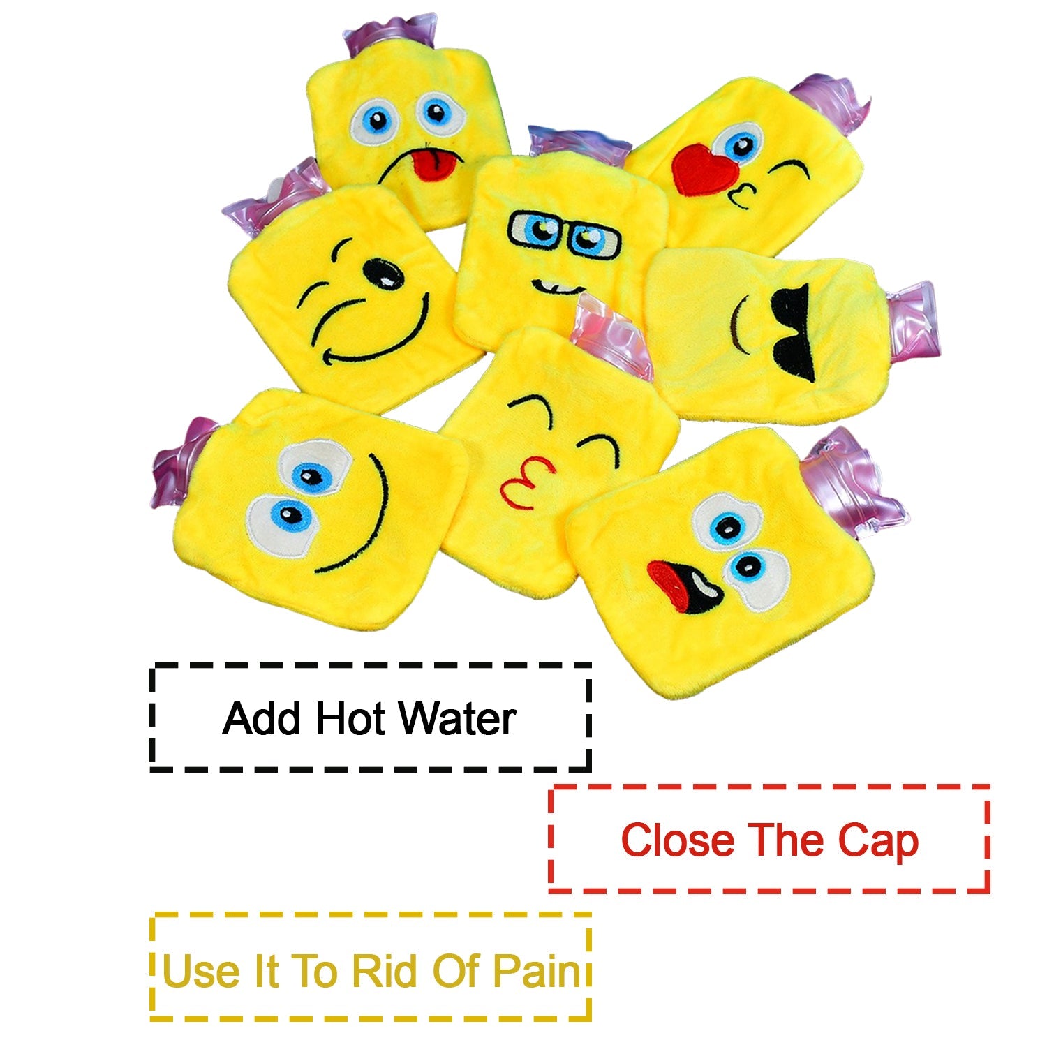 6535 1pc Mix Emoji designs small Hot Water Bag with Cover for Pain Relief, Neck, Shoulder Pain and Hand, Feet Warmer, Menstrual Cramps. 