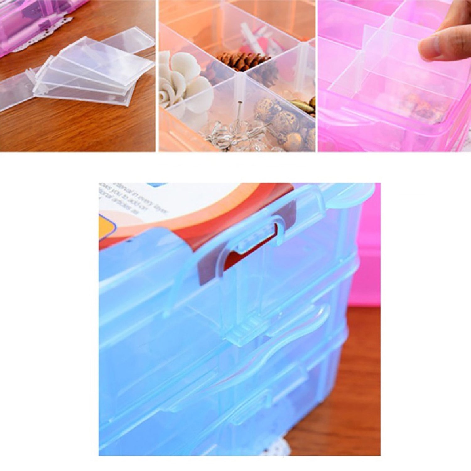2644 3-Tier 18 Sections Transparent Stackable Adjustable Compartment Slot Plastic Craft Storage Box DeoDap