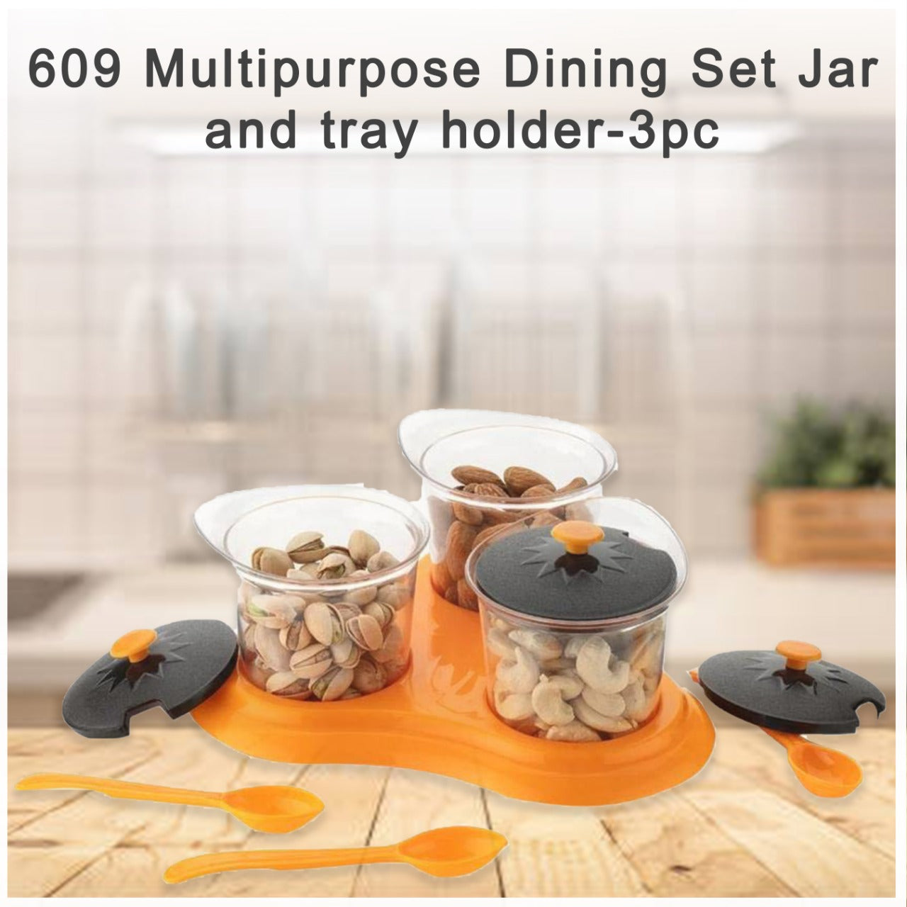 609 Multipurpose Dining Set Jar and tray holder, Chutneys/Pickles/Spices Jar - 3pc DeoDap